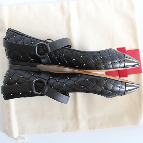 Valentino Black Quilted Leather Rockstud Cap Toe Point Mary Jane Ballet Flats - Picture 8 of 14